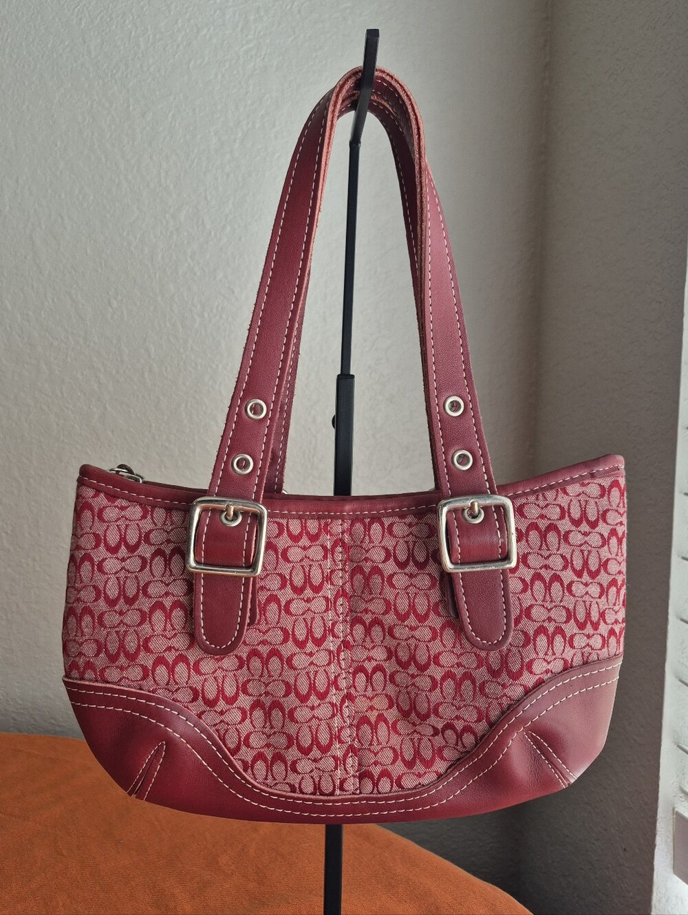 Coach Signature Jacquard Red Soho Shoulder Bag With Silver Buckles